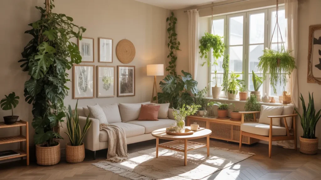 boho living room with plants