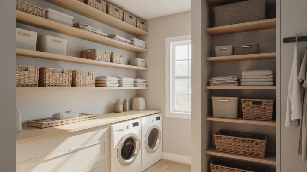 mudroom laundry room combo with open shelving