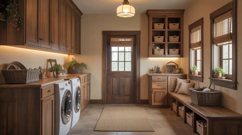 rustic mudroom laundry room combo with wooden cabinets
