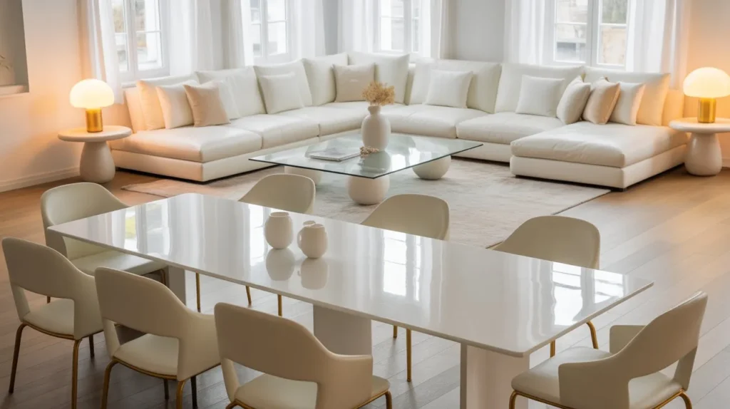 Modern white living room and dining room combo