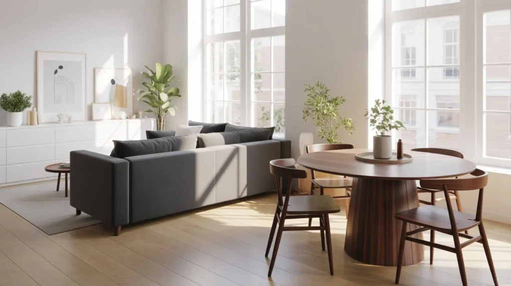 Small apartment living room and dining room combo with round wooden dining table