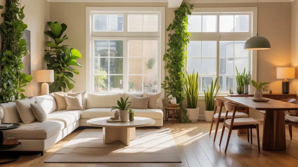 Living room and dining room combo with indoor plants, 