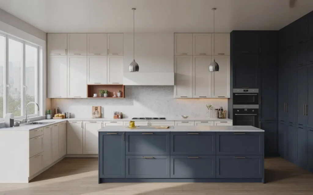 Contemporary kitchen with two-tone cabinets, light upper cabinets
