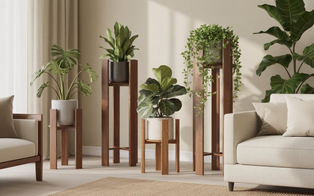 plants on wooden stands in living room