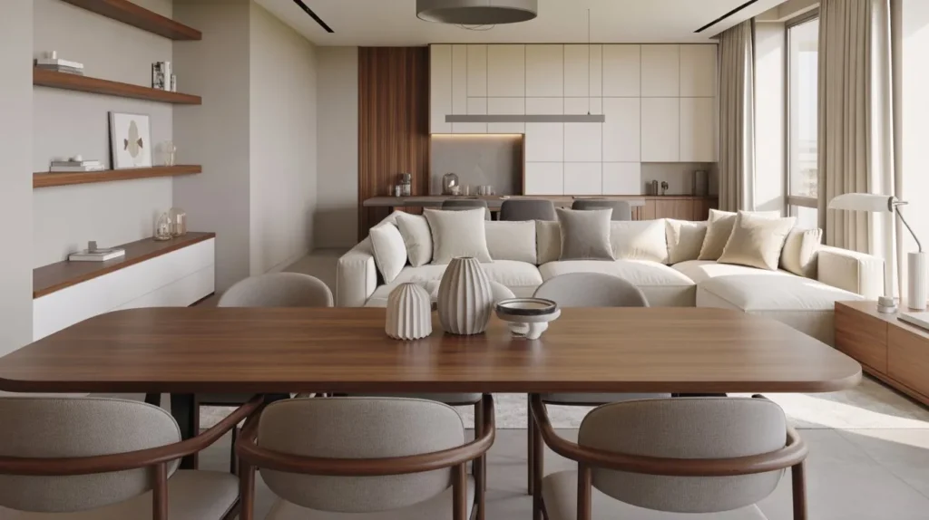 Modern living room dining room combo with wooden dining table