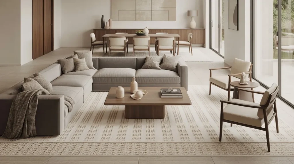 Open concept living room dining room combo with large neutral rug under coffee table