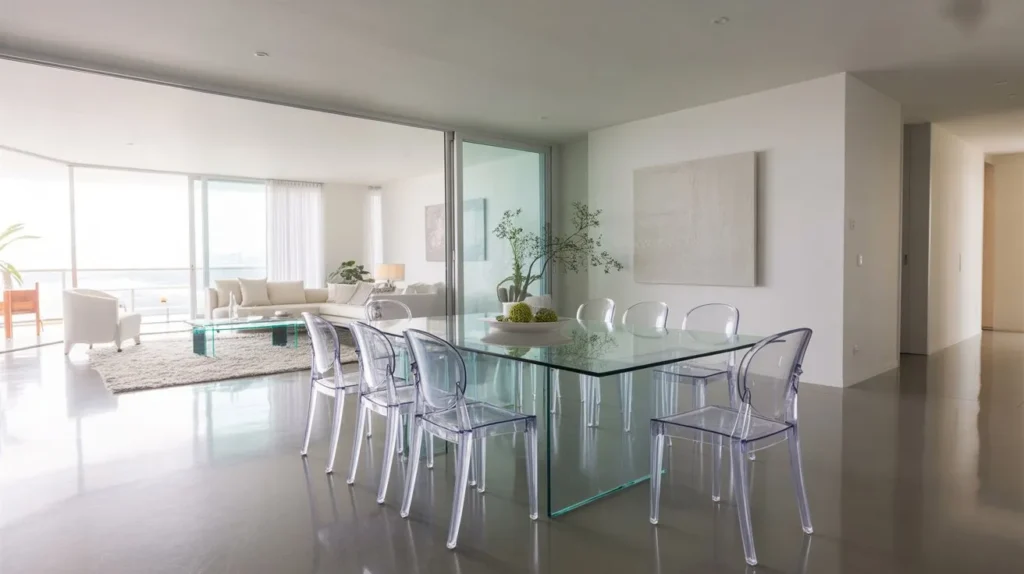 Modern living room and dining room combo with glass coffee table and acrylic chairs