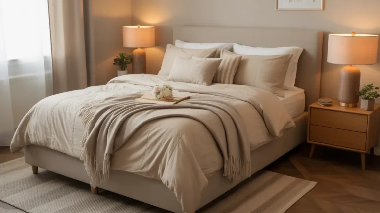 Cozy bedroom for couples with neutral bedding, soft lighting, matching nightstands and romantic decor