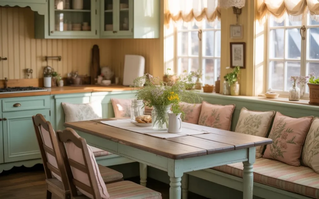 cozy breakfast nook in cottage core kitchen