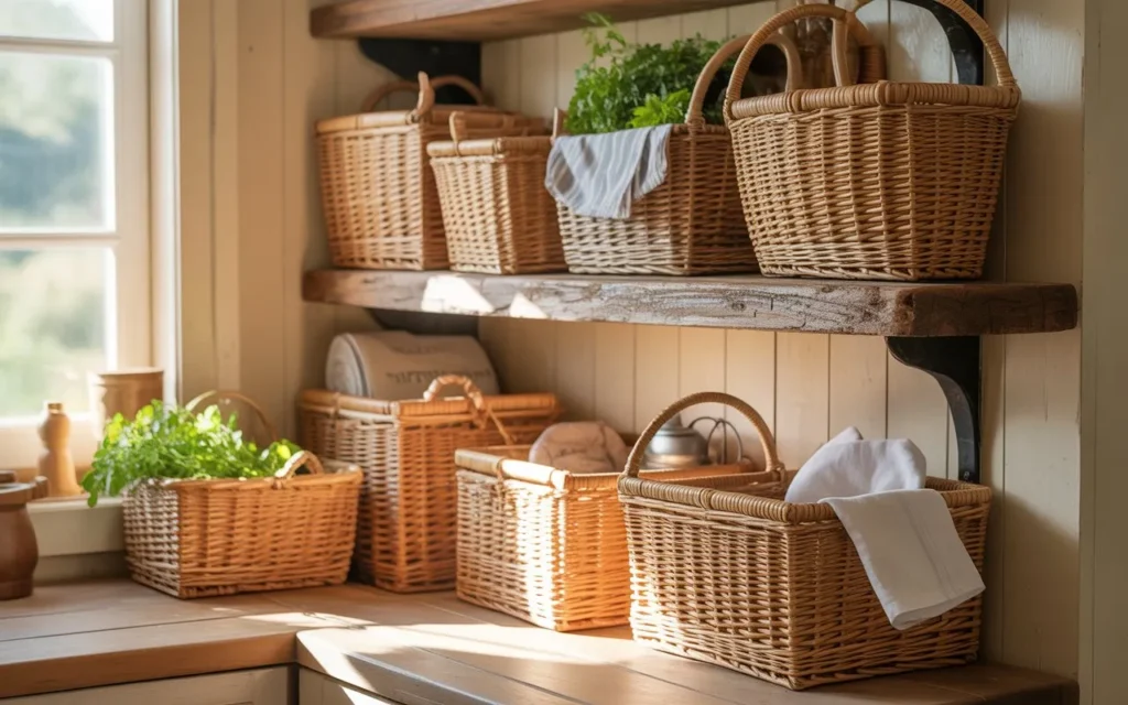 woven basket storage in cozy cottage core kitchen