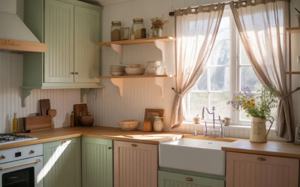 white beadboard backsplash in cottage core kitchen