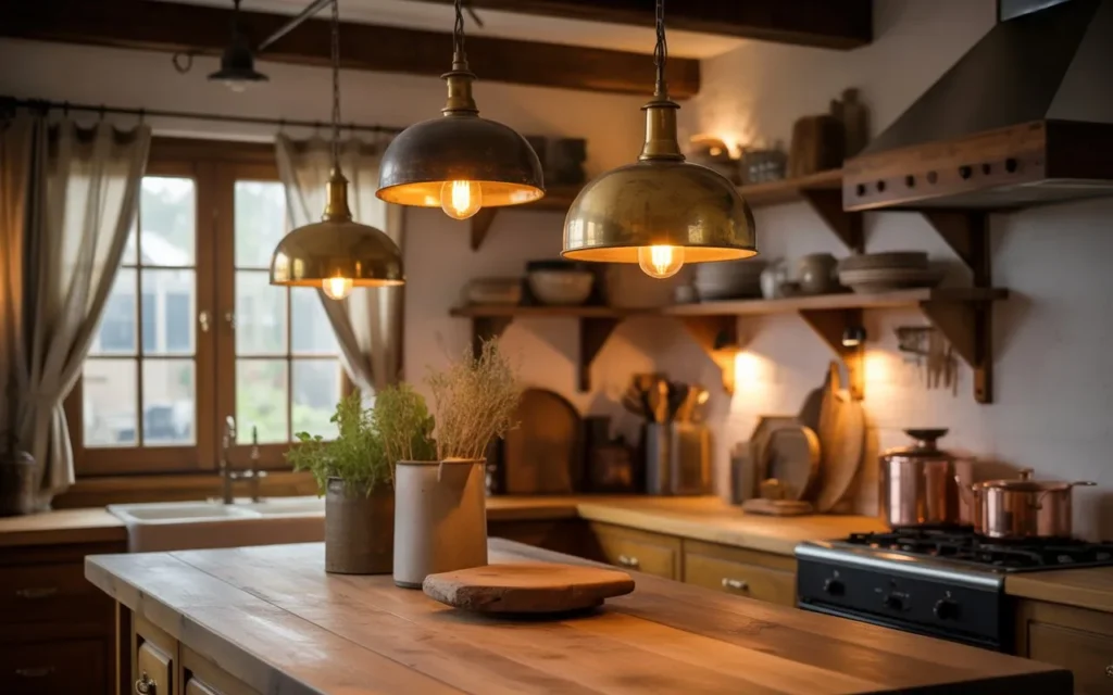 vintage brass pendant lights in cottage core kitchen