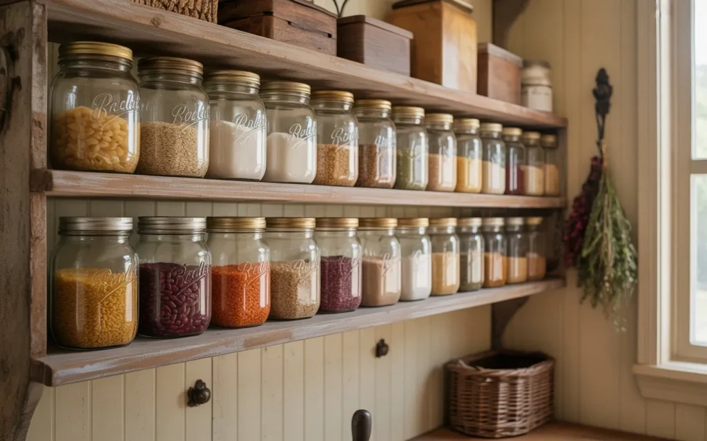 glass jar pantry organization in cottage core kitchen