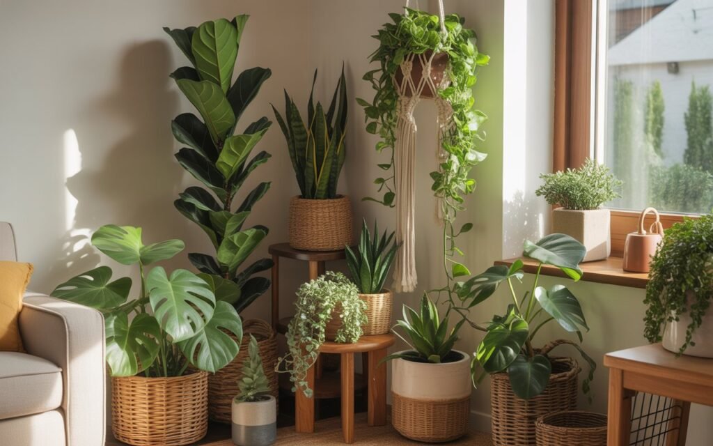 plant cluster in living room corner