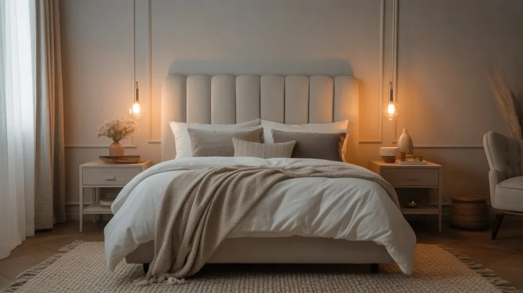 upholstered headboard couple bedroom