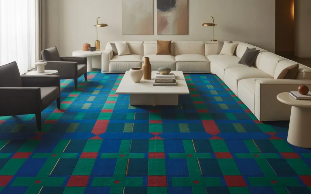 bold color carpet in living room