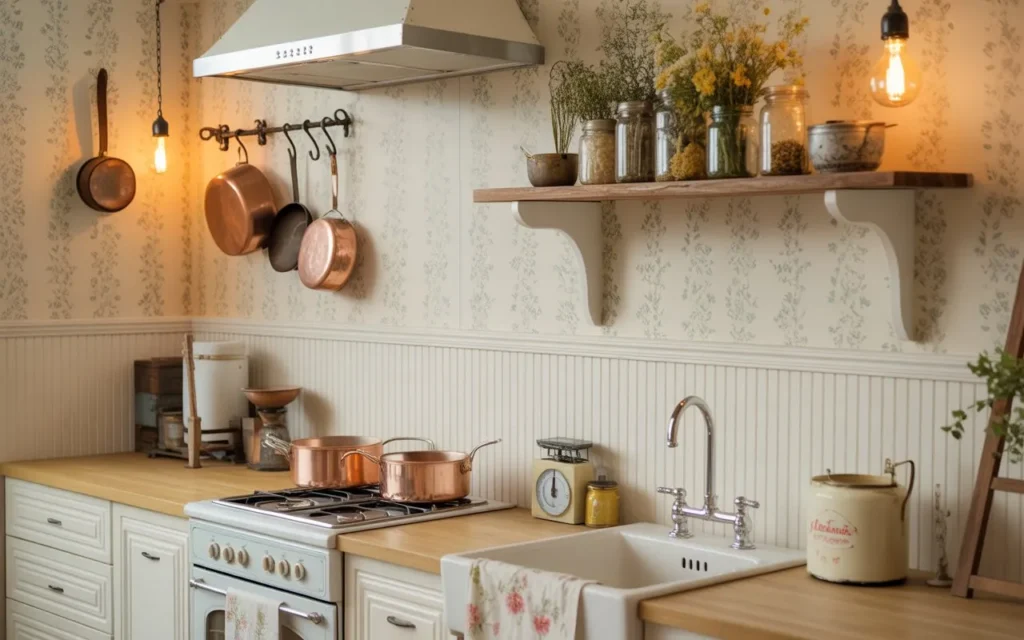 budget-friendly cottage core kitchen with thrifted decor, peel and stick floral wallpaper, DIY beadboard, and copper pots