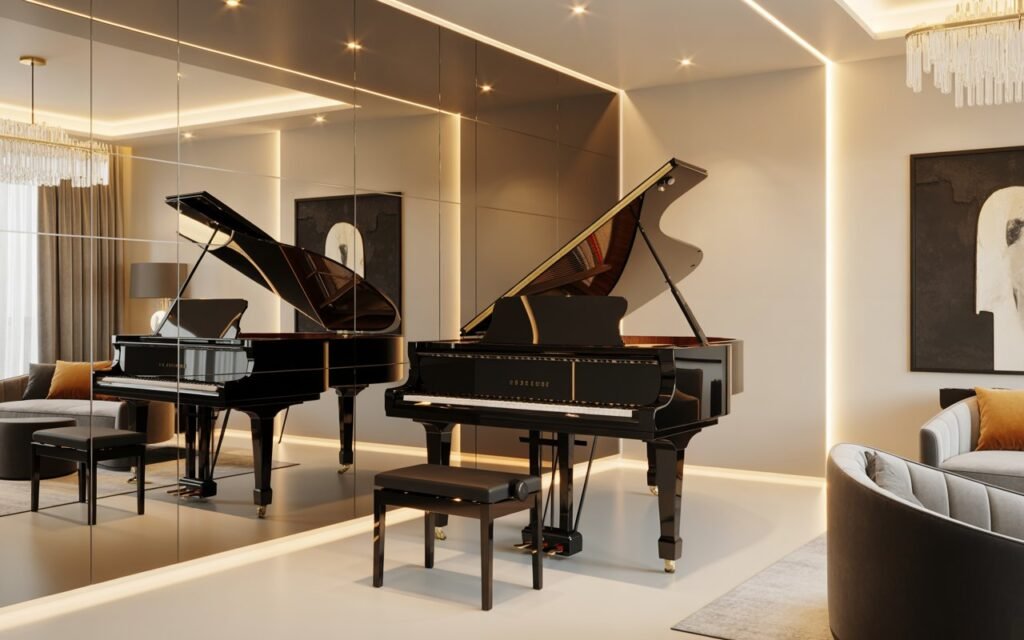 piano room with large mirror reflecting piano