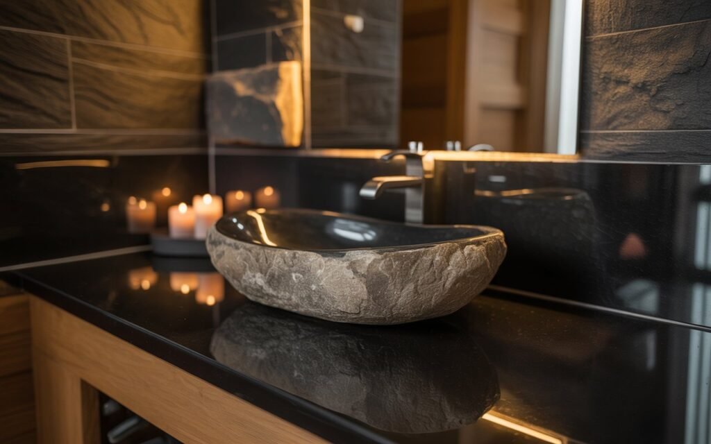 dark bathroom with natural stone sink