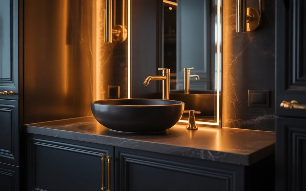 dark bathroom with gold fixtures and warm lighting