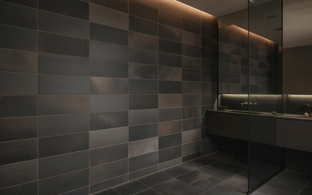 bathroom with floor to ceiling dark tiles seamless design