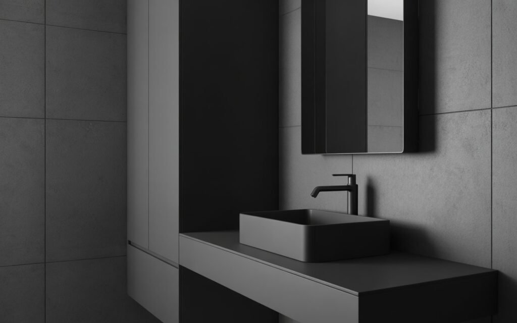 monochrome dark bathroom with black and gray tones