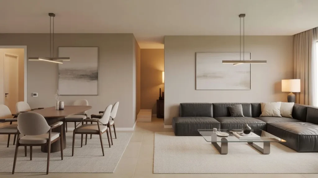 Neutral toned living room and dining room combo