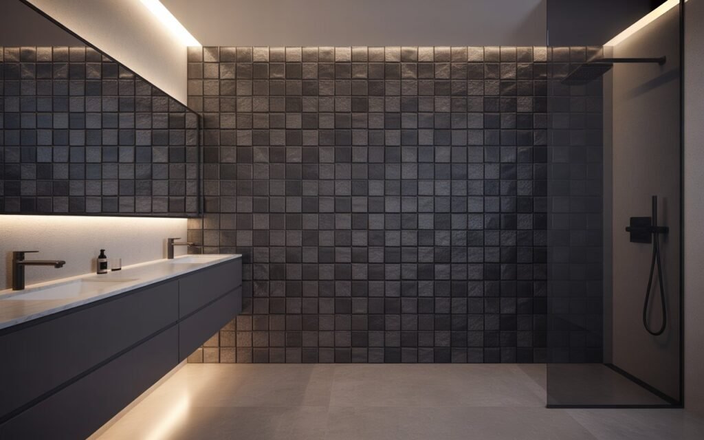 dark bathroom with textured tile feature wall