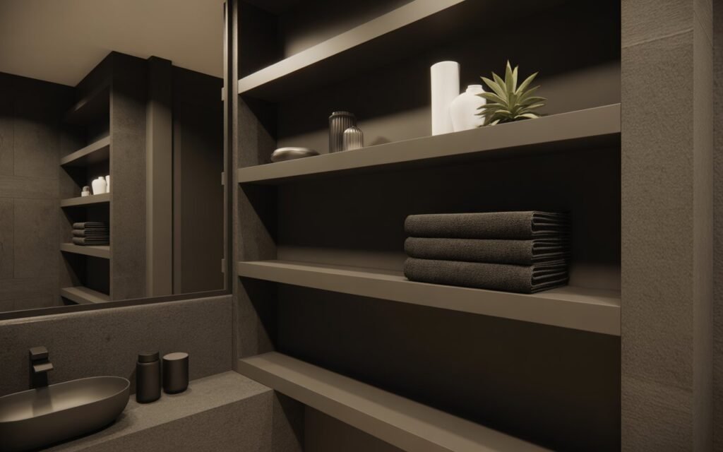 dark bathroom with black open shelving and minimal decor