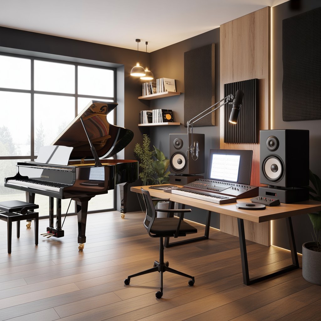 piano room designed like a home music studio