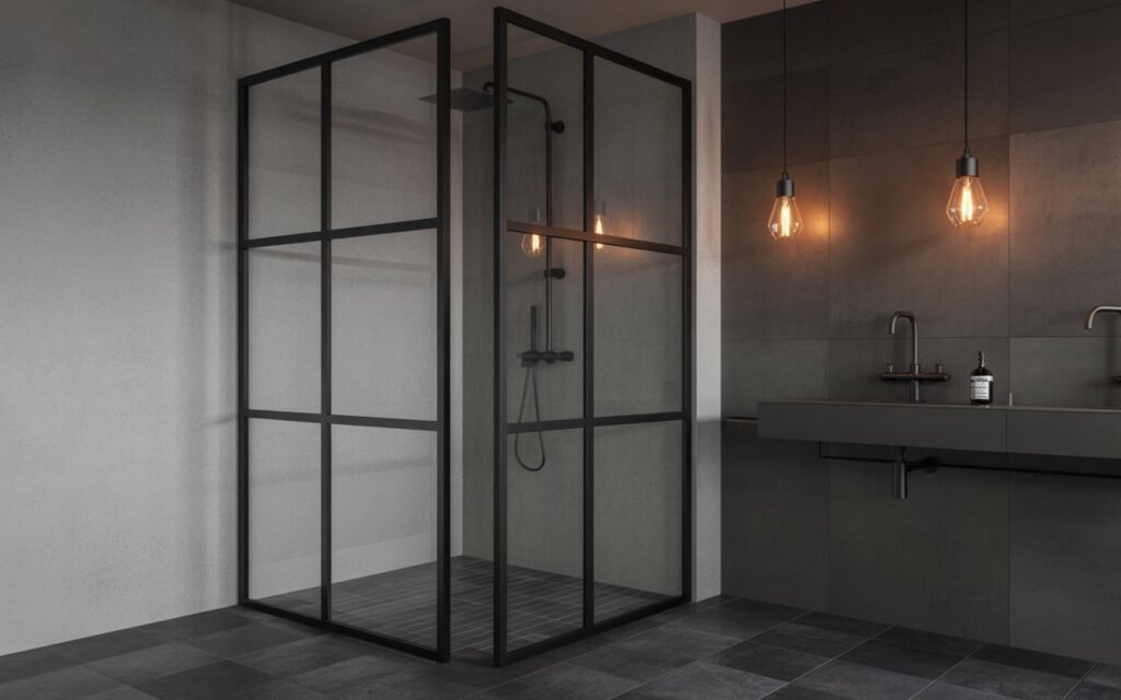 dark bathroom with black frame glass partition