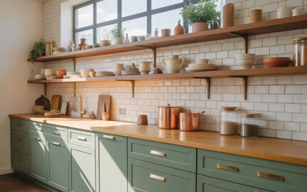 sage green kitchen with open shelves