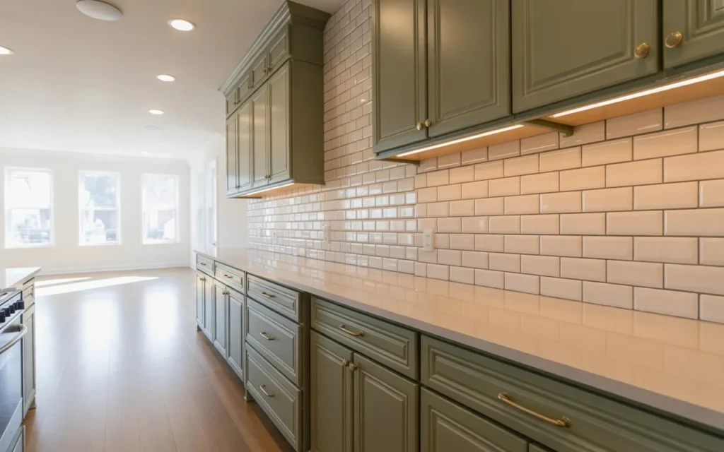 sage green cabinets with subway tile backsplash