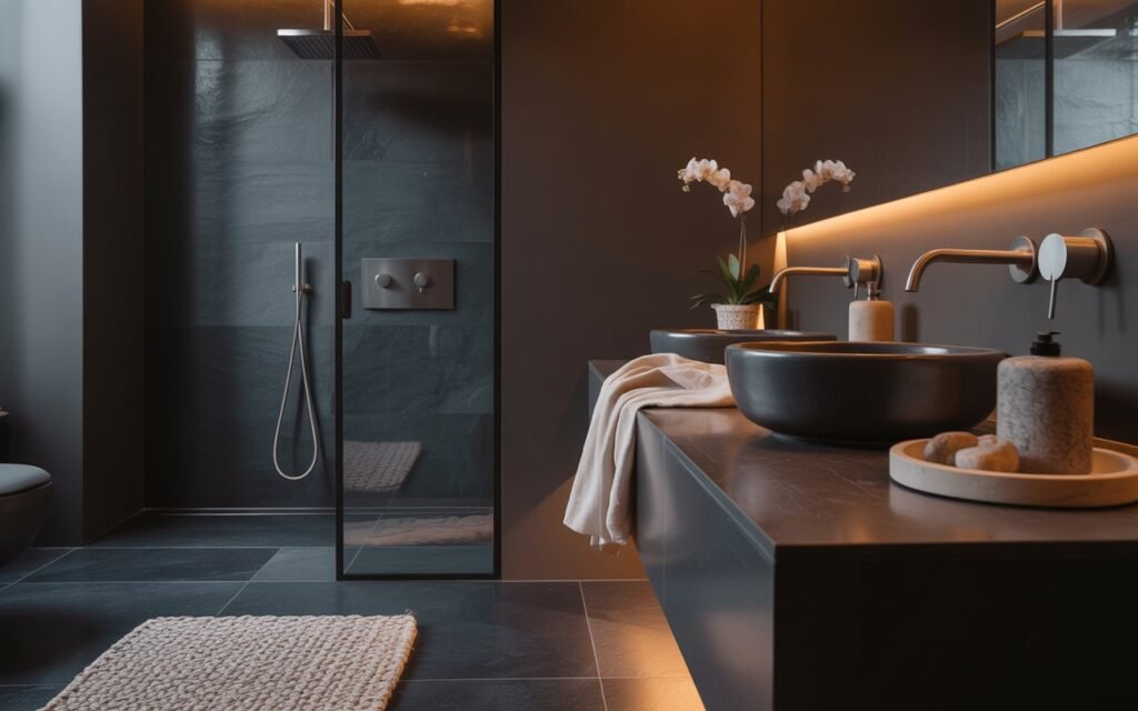 dark bathroom with soft matte finishes and luxury style