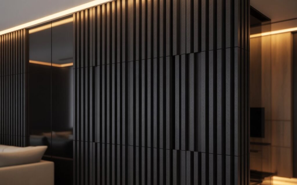 black and wood slat accent wall