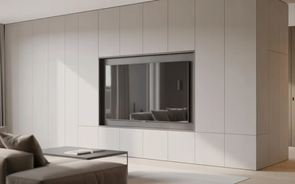 modern TV wall design with hidden storage