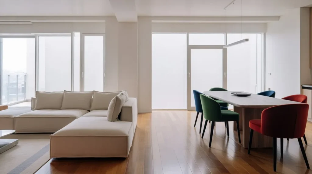 Living room and dining room combo with beige sofa and bold colored dining chairs