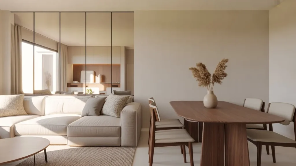 Small modern living room dining room combo with large wall mirror reflecting light