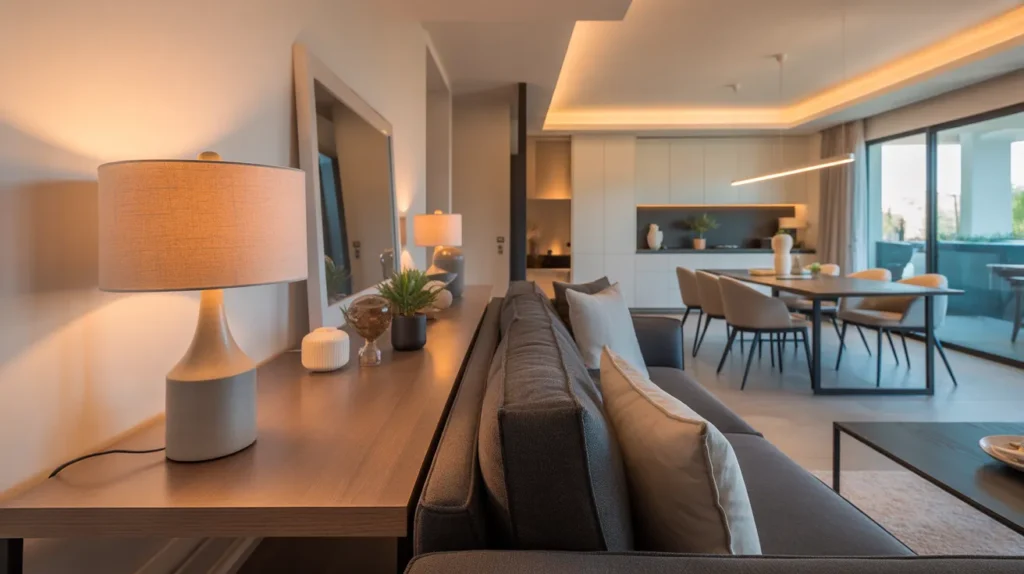 living room dining room combo with sofa and console table