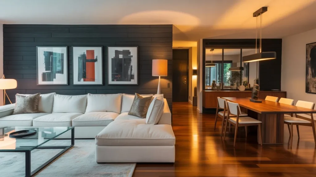 Open concept living room dining combo with accent wall and modern artwork