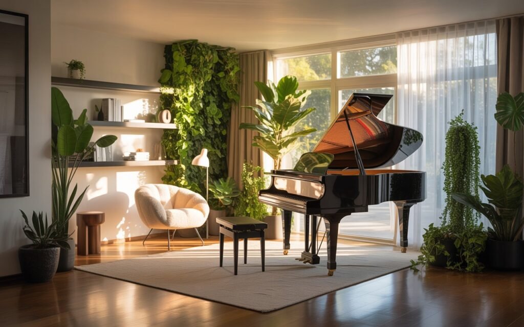 piano room with indoor greenery and natural light