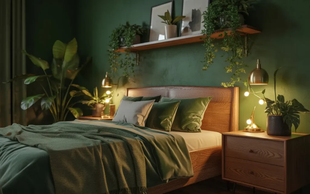 dark green room aesthetic with cozy decor and plants