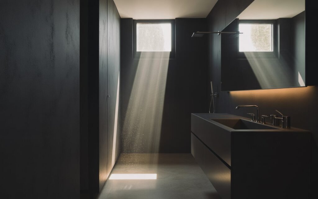 dark bathroom with natural light from small window