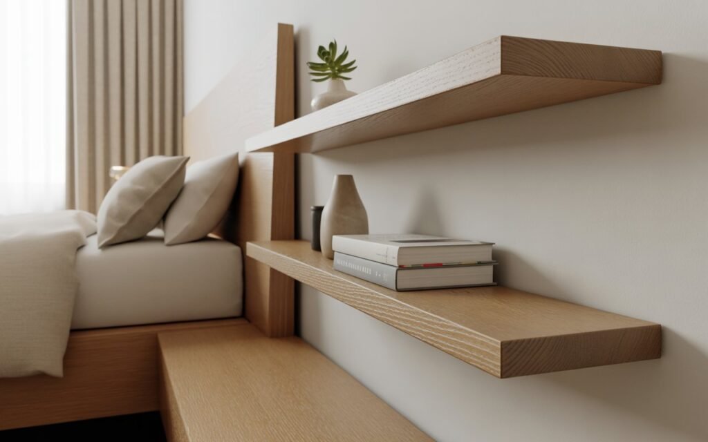 neutral bedroom shelf decor minimalist