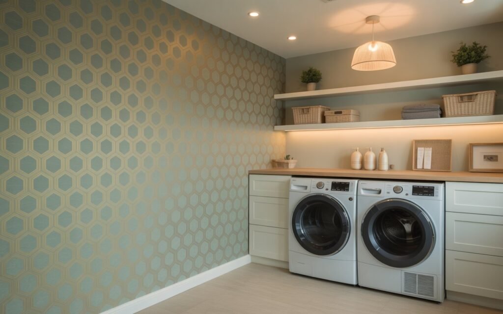 laundry room wallpaper feature wall