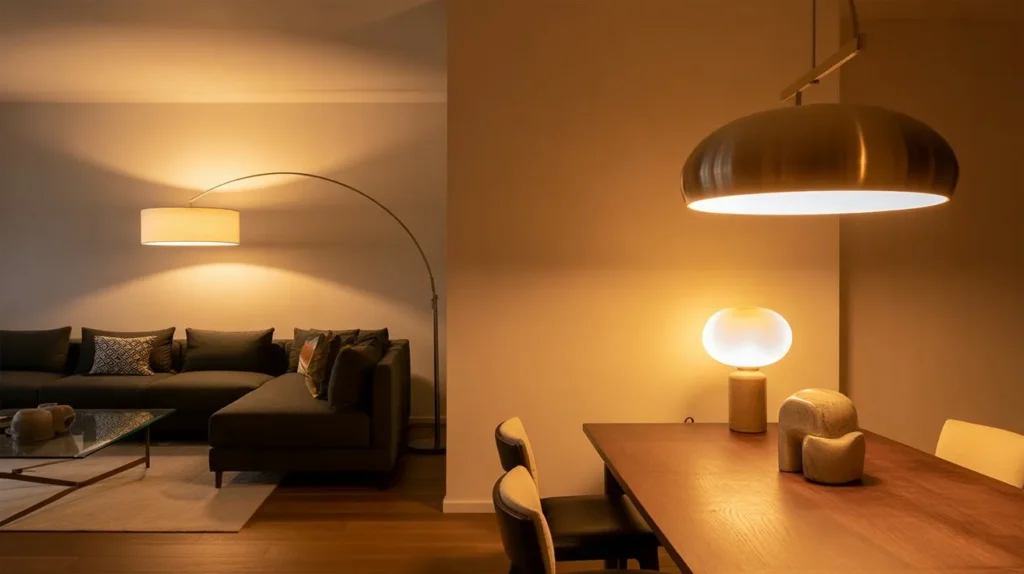 Cozy living room and dining room combo with layered lighting