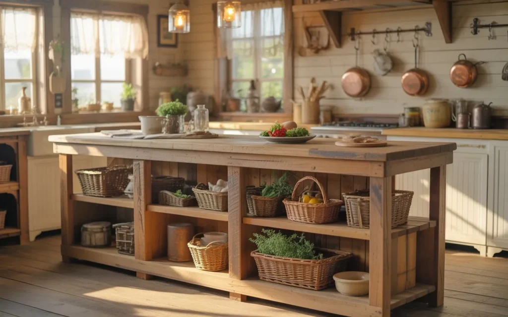 freestanding wooden kitchen island in cottage core kitchen
