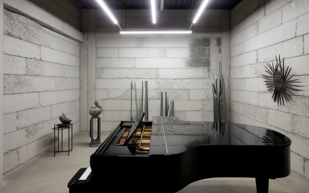 industrial style piano room with concrete walls
