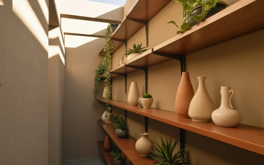 floating shelves narrow hallway storage