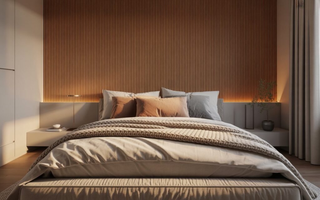 wood slat headboard wall bedroom